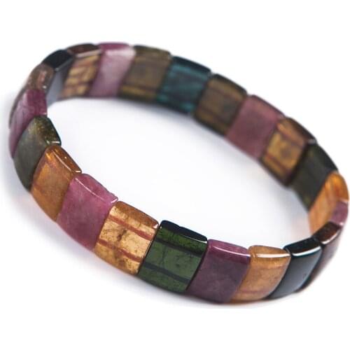 Genuine Colorful Gems Stone Healing Crystal Rectangle Bead Bracelets Women Female Stretch Natural Tourmaline Bracelet Bangle