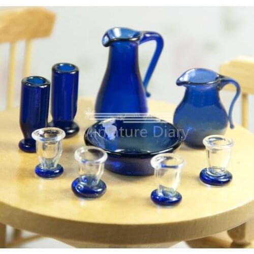 1:12 Scale Play Doll house Blue Glass 2 Pot 6 Cup 1 Dish Set Miniature Dollhouse Kitchen Furniture Accessories Toy