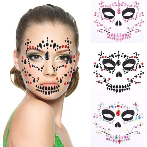 3D Face Sticker Rhinestone Tattoo Sticker Music Festival Ghost Head Skull Face Sticker Decoration Halloween Ghost Face Sticker
