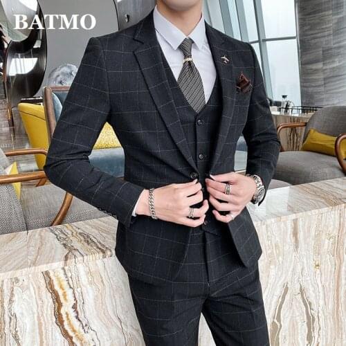BATMO 2021 new arrival plaid casual slim suits men,mens wedding dress,jackets+pants+vest,SJT821