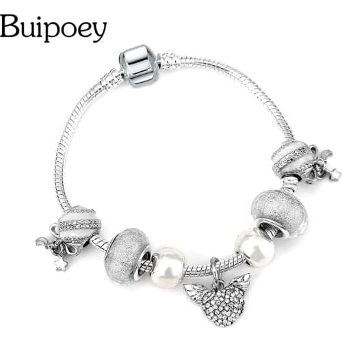 Buipoey Flying Heart Dangle Charm Bracelets For Women Silver Color Shiny Galaxy Bead Bracelet Boys Girls Jewelry Birthday Gift