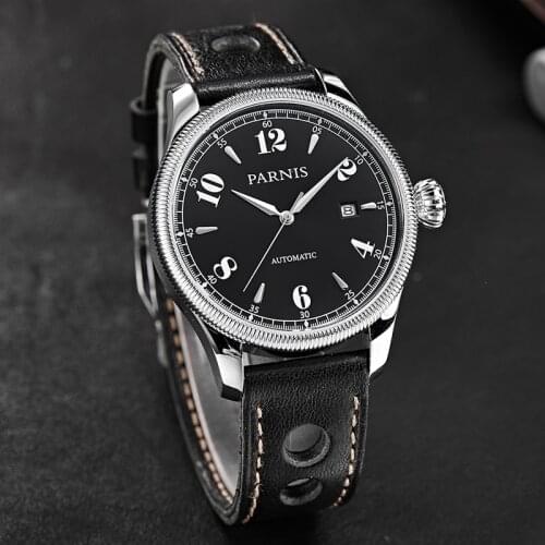 Casual Parnis Men Watch Watches 43mm Silver Case Sapphire Crystal Auto-Date Top Grade Brand Mens Automatic Watch Men Hour Clock