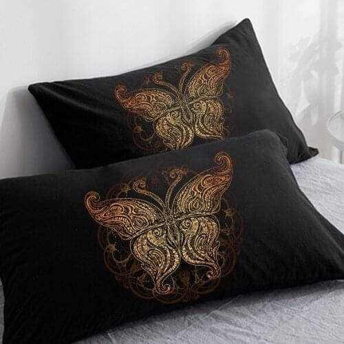 3D HD Custom Pillow Case,2PCS Pillowcase 50x70/50x75/50x80/70x70,Decorative Pillow Cover Golden butterfly on Black Bedding