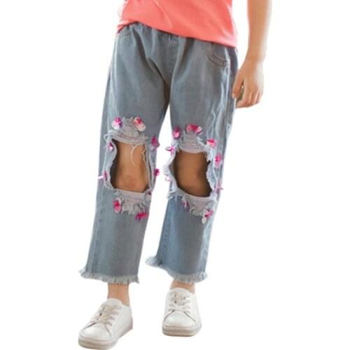 DFXD England Style Children Girls Summer Sequins Ripped Jeans Top Quality Cotton Loose Girls Jeans Pants Baby Denim Trousers
