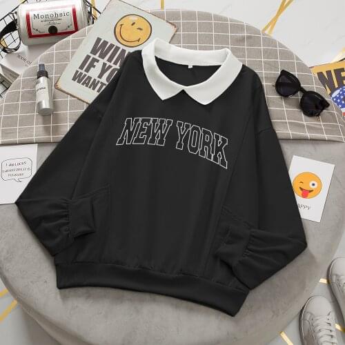 New York Letter Graphic Aesthetic Black Hoodie Women Turn-down Collar Oversized Swearshirt Harajuku Hoodies Streetwear Pullovers