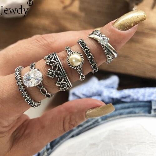 Jewdy Vintage Bohemian Ring Set Punk Antique Silver Color Cubic Zircon Geometric Knuckle Midi Rings for Women Jewelry Gifts