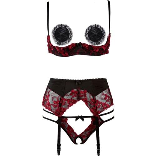 Ultrathin 1/4 Cup Bra and Panty Garter Underwear Set Women Sexy Lingerie Embroidery Lace Open Chest Crotchless Panties Suit