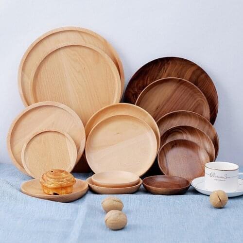 1pc Kitchen Round Wooden Dried Fruit Tray Snack Plate Handcraft Food Dish Tray Walnut Wood Tableware Japanese Kitchen