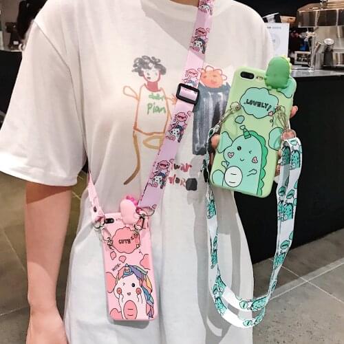 Pink dinosaur TPU Case Soft Phone Strap Rope Case For iPhone 11 Pro Xs Max Xs XR 6 7 8Plus SE 2020 Case