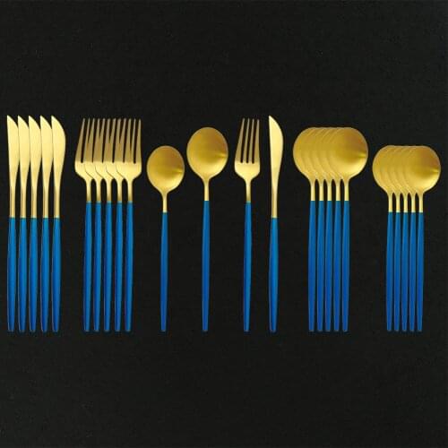 24Pcs Dinnerware Set Blue Gold Fork Spoon Knife Cutlery Stainless Steel Western Silverware For Kitchen Tableware Set Wholesale