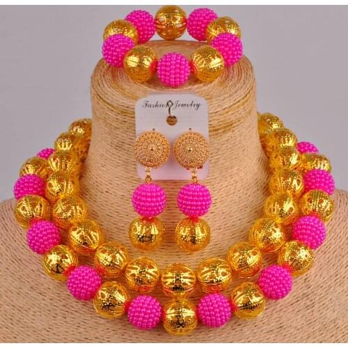 Fuchsia pink and gold african wedding jewelry set costume necklace african set simulated pearl nigerian beads jewellry sets ZZ16