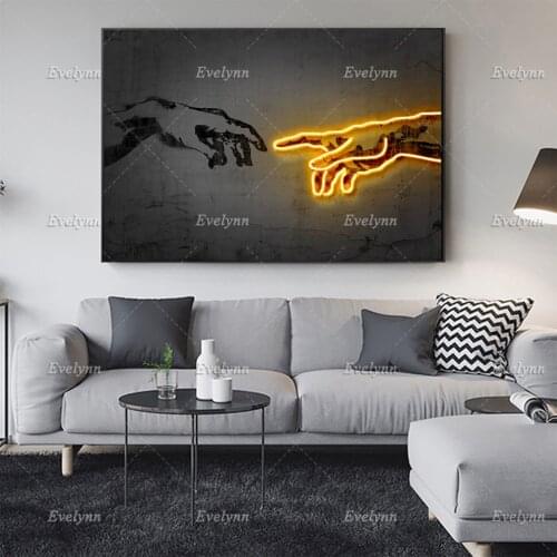 Wall Art Canvas Home Decor Creation of Adam Painting HD Print Neon Lights Modern Posters Cuadros Modular Pictures Living Room