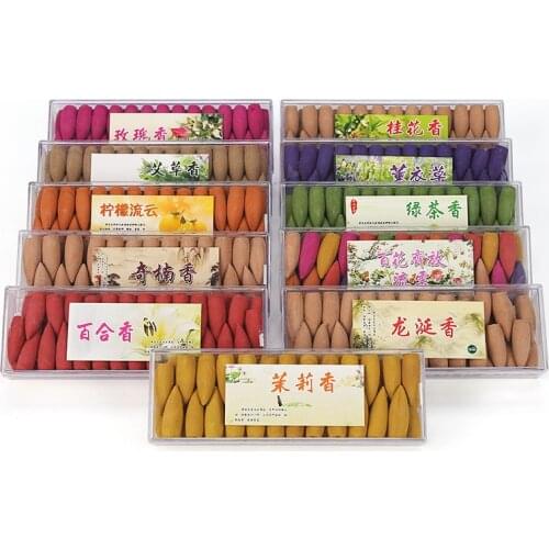50Pcs/Box Oversized Natural Incense Backflow Incense Cones 10 Scents Jasmine Lavender Sandalwood Green Tea Rose Colored Smoke