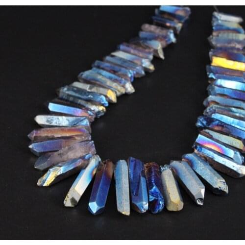 15.5"strand Blue Green Titanium Crystal Quartz Top Drilled Point Loose Beads,Raw Crystal Stick Graduated Pendant Beads Jewelry