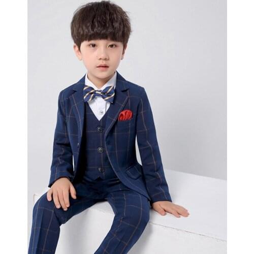 New Autumn Children Formal Suits Sets Boys Plaid Blazer Vest Pants 3Pcs Clothes Set Kids Baptism Performance Party Costume,C124