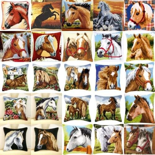 Oneroom DIY Needlework Kit Acrylic Yarn Embroidery Pillow Tapestry Canvas Cushion Front Cross Stitch Pillowcase Horse animals