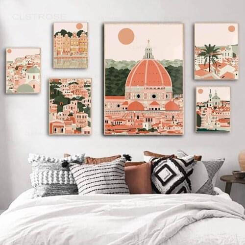 City Building Scenery Nordic Poster Paris Tower Church Tree Sun Wall Art Canvas Painting for Living Room Home Decoration