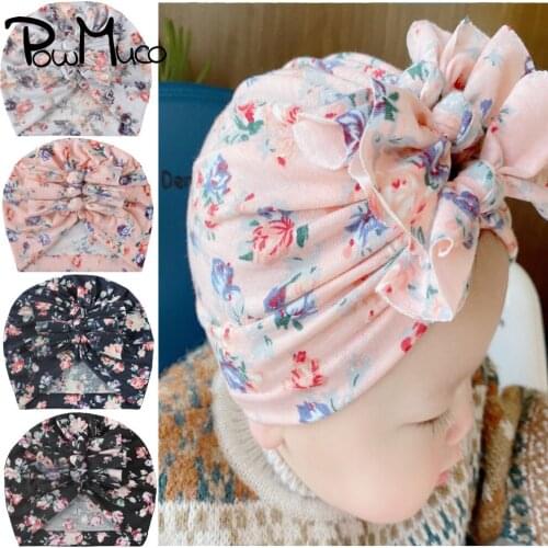 Powmuco 18*17 CM Vintage Flower Pattern Baby Girl Hats Fashion Printed Bowknot Infant Cap Handmade Bow Headwear Kids Accessories