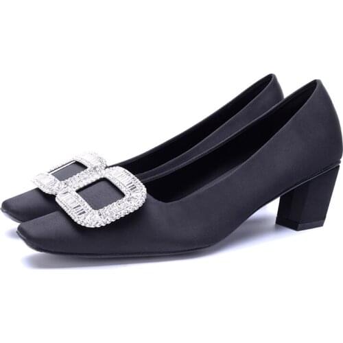 Spring New Square Toe Pumps Women Thick High Heels Rhinestone Square Buckle Party Wedding Shoes Women Fashion Femmes Chaussure