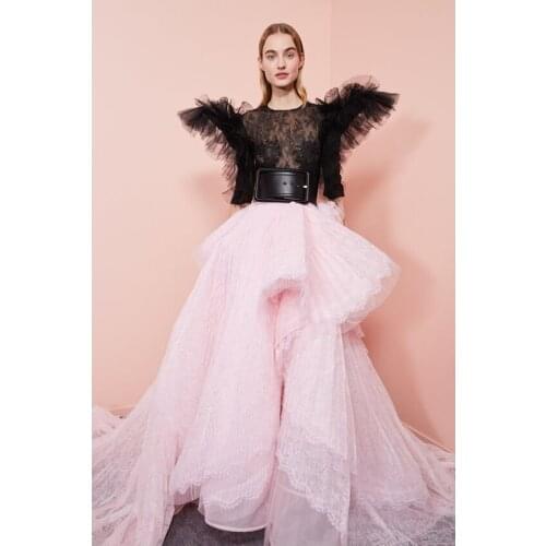 Chic Pink Lace Asymmetrical Long Women Dresses To Formal Event Party Sexy See Thru Top Full Sleeves Long Prom Gowns