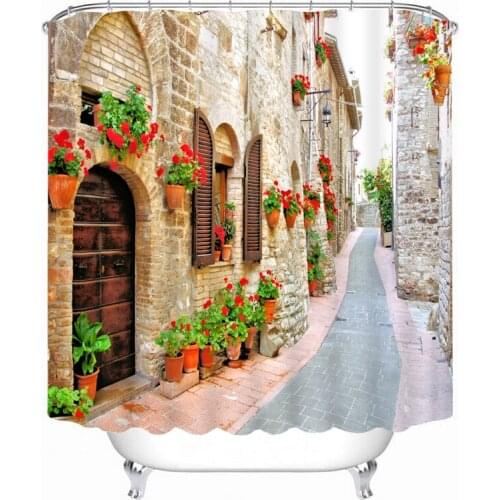 Retro Shower Curtains Classic Building Flower Street Scenery Pattern Waterproof Fabric Bathroom Curtains Washable Bathroom Se