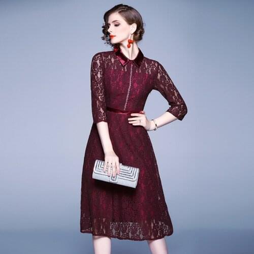 Spring Autumn Vintage Floral Lace Midi Dress Plus Size Boho Dresses 2020 Elegant Women Party Long Sleeve Dress Vestidos