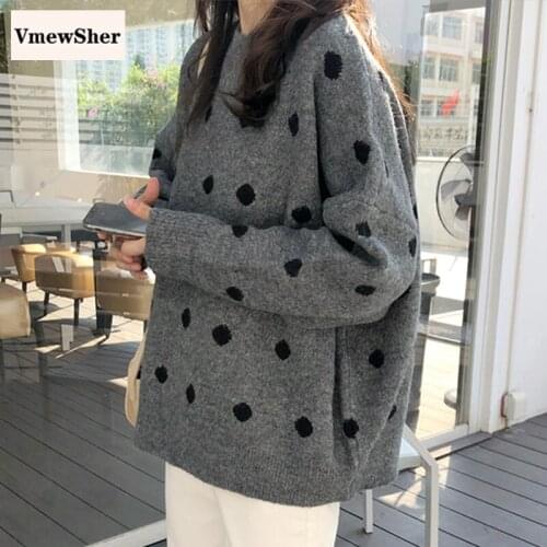 VmewSher New Vintage Casual Loose Lazy Sweater Female Korean Womens Sweaters Polka Dots Sweet Pullover Knitting Sweater Tops