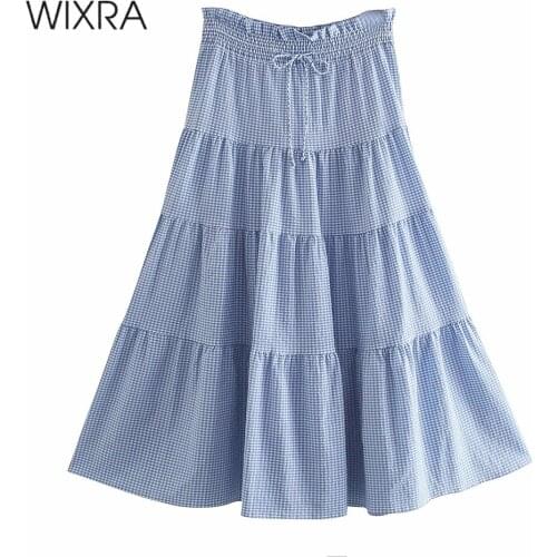 Wixra Womens Blue Plaid A-Line Drawstring Skirts Midi Calf High Elastic Waist Preppy Style Girls Summer Clothing