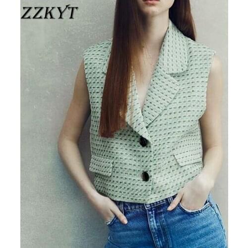 2021 Womens Sweet Spring With Metal Button Tweed Cropped Vest Coat Vintage Sleeveless Flap Pockets Female Waistcoat Chic Tops