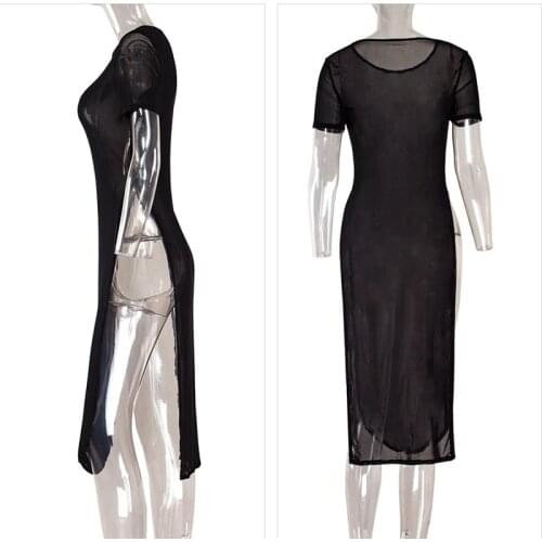 Fashion Women Dress Summer Long Beach Dress Hollow Out Mesh Net Yarn Perspective Sexy Side Split Dress Vestidos Ladies Clubwear
