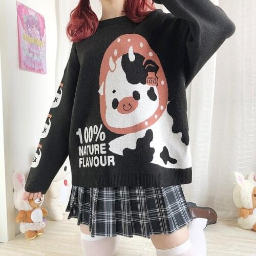 Winter Vintage Cute Knitted Sweater Women Korean Black Jumper Female Harajuku Kawaii Strawberry Milk Knitwear Girls Pullover