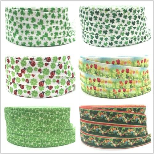 10Y 5/8" St.Patricks Day Fold Over Elastic Green Clover Print FOE Ribbon Webbing for Bracelet DIY Head wear Hair Accessories