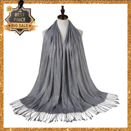 2020 Women Scarf Hijab Wrap Solid Color With Silver Silk Shawls Headband Muslim Hijabs Scarves Foulard Femme Fashion
