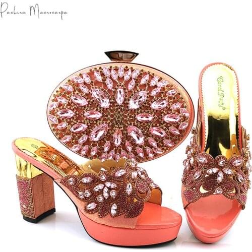2021 Italian Design African Hot Selling Fashion Peach Color Women Shoes and Bag Set Decorated With Rhinestone for Party Wedding