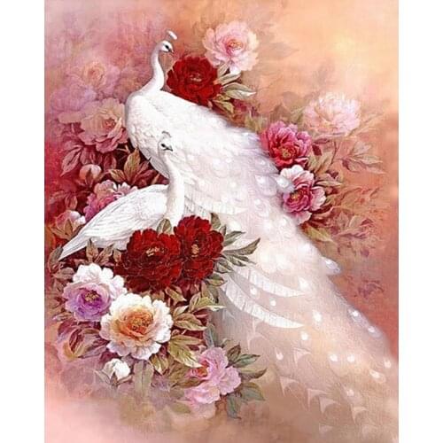 5D DIY Diamond Embroidery Animal Full Square Diamond Painting Rhinestone Mosaic Decoration White Peacock & Flower KBL
