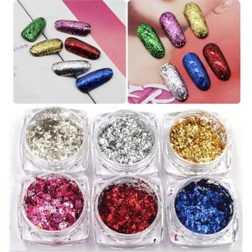 6 Colors/Set Nail Flake Mirror Chip Flake Sequins With 3 Brushes Gold/Silver/Blue/Pink/Red Irregular Flake Nail Tips Art Glitter