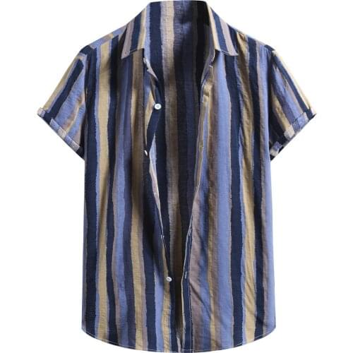 67# Summer Men Shirts Hawaiian Short Sleeve Work Shirt Men Striped Print Blouse Men Casual Men Button Up Shirt Camisas De Hombre