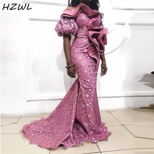 African Lace Evening Dresses Off The Shoulder Rufflus vestidos de fiesta Short Sleeves Mermaid Prom Dress Aso Ebi Party Gowns