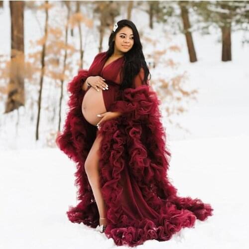 Burgundy Fluffy Tulle Maternity Dress Robes Plus Size Women Long Tulle Dresses Photo Shoot Formal Birthday Tulle Dressing Robe