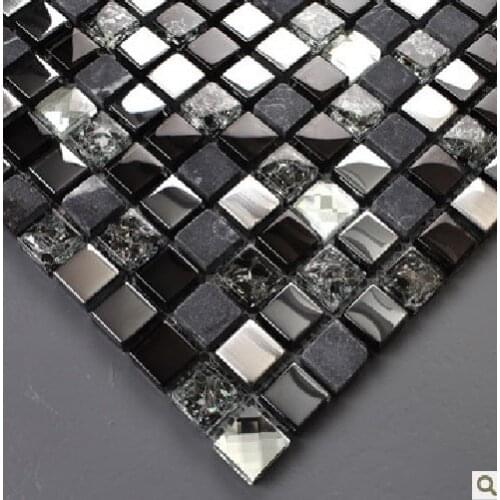 Black mosaic tiles crystal glass mixed stone and stainless steel mosaic background wall glass bathroom tiles kitchen backsplash