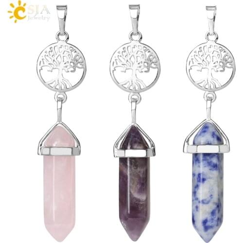 CSJA Tree of Life Pendant for Necklace Clear Hexagonal Crystal Natural Gem Stone Pink Quartz Lapis Lazuli Chakra Pendants G750