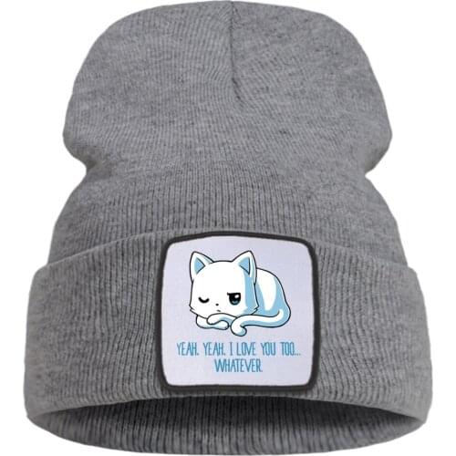 Yeah Yeah I Love You Too Whatever Cute Cat Winter Cap Fashion Warm Beanie Caps Simple Casual Unisex Caps Quality Comfort Hat