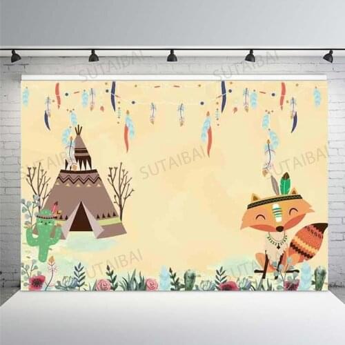 Photography Backdrop Indian Tent Fox Cactus Feather Child Birthday Party Background Photocall Photobooth Portrait Decoration