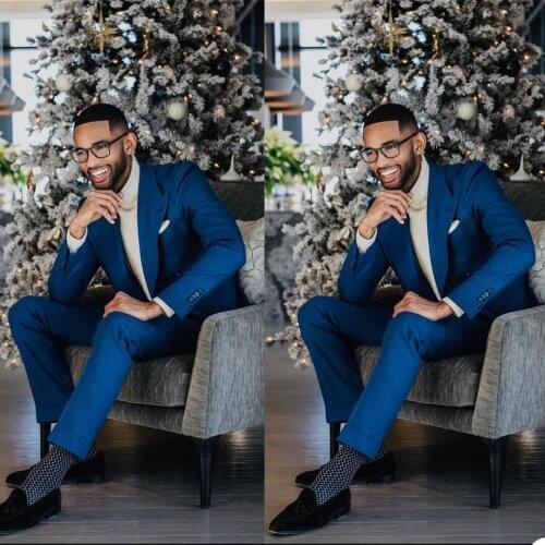 Classic Navy Blue Mens Tuxedos Slim Fit Double Breasted Men Business Pants Suit Tailored Prom Party Wedding Suits (Jacket+Pants)