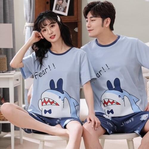 Couples Matching Pajamas Set Cute Cartoon Anime Sleepwear Summer Short Sleeve Tops + Shorts Loungewear Plus Size Male Nightwear