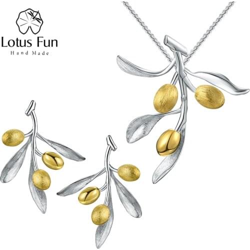 Lotus Fun Olive Leaves Branch Fruits Jewelry Set with Dangle Earring Pendant Necklaces for Women 925 Sterling Silver Jewelry