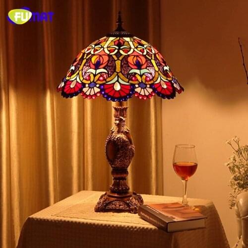 FUMAT Tiffany ART Table Lamp Living Room Bedside Table Lamps Quality Stained Glass Lightings For Office Bar LED Table Lights