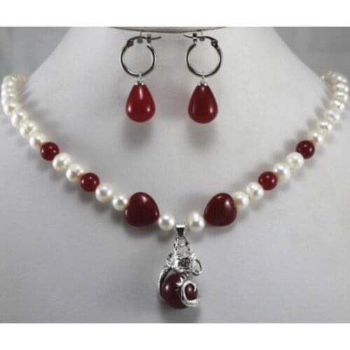 Prett Lovely Womens Fashion 8mm White Pearl &Red gem Necklace Earring Jewelry Set