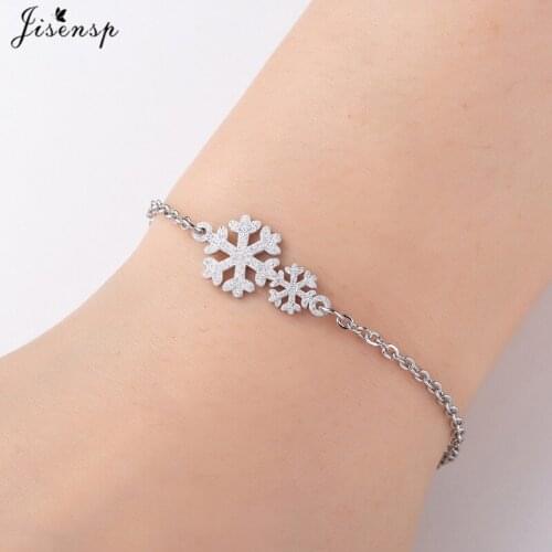 Jisensp Korean Style Lovely Snowflake Stainless Steel Bracelet Simple Sonw Flower Charem Bracelet for Women Girls Christmas Gift