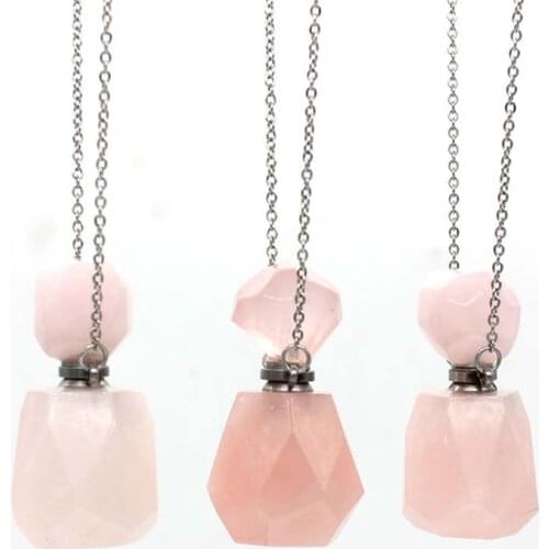 Pink Crystal Quartz Perfume Bottles Pendants Chain Stone Bottle Necklace Perfume Essential Oil Jar Statement Necklaces